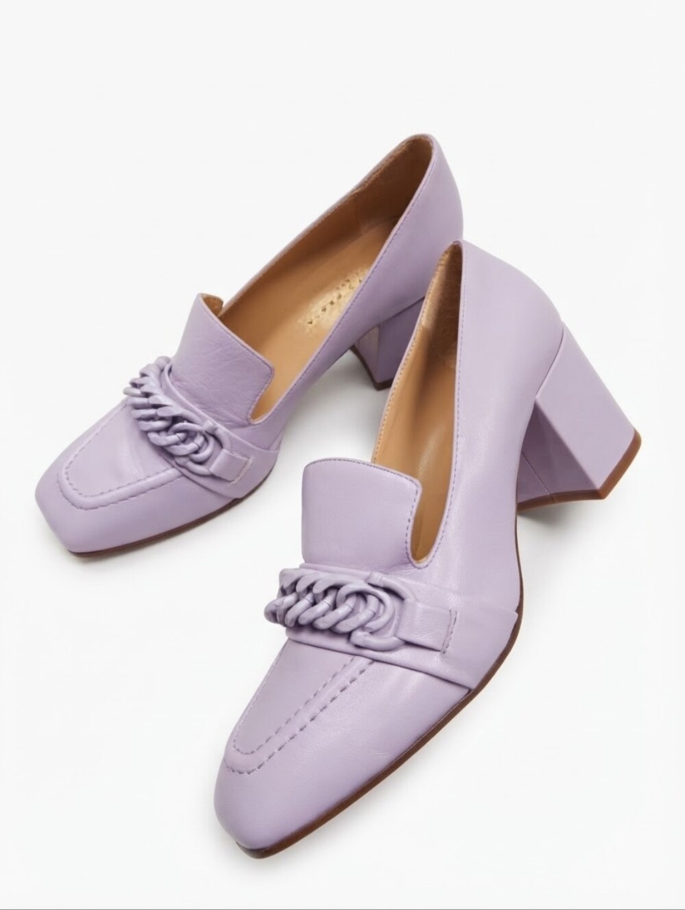 Roberto Festa Lilac Leather Chain Accent Block Heel Pumps, Size 38.5